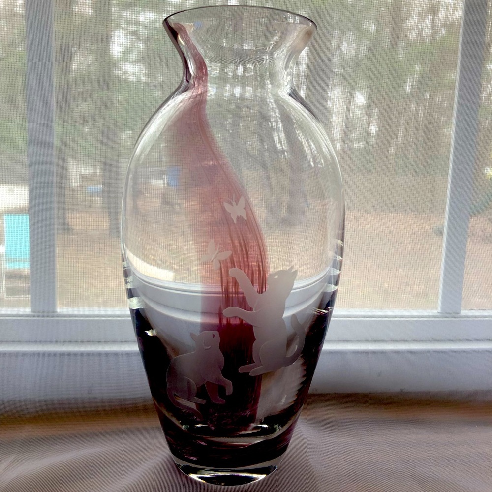 LENOX Limited Edition Etched Cats With Butterflies Purple Swirl Art Glass Vase